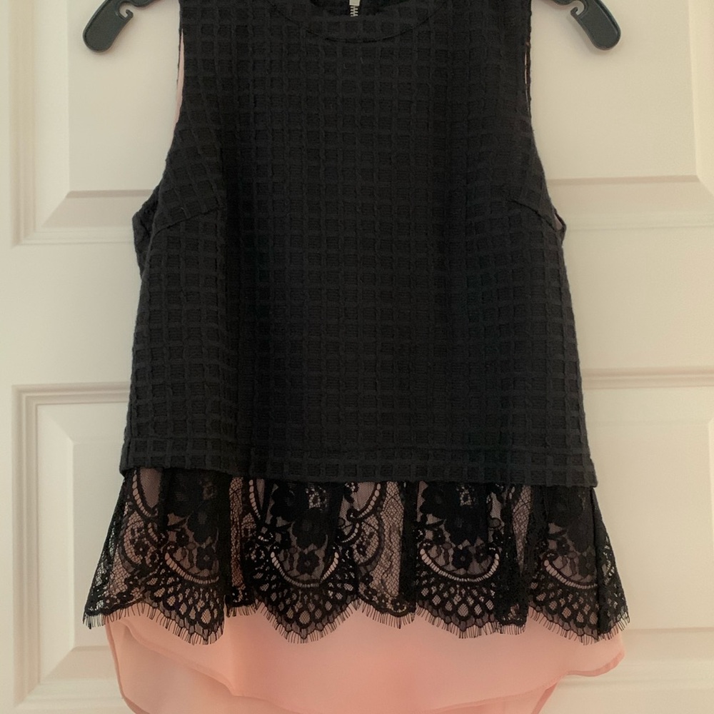 Black pink lace sleeveless blouse Anthropologie